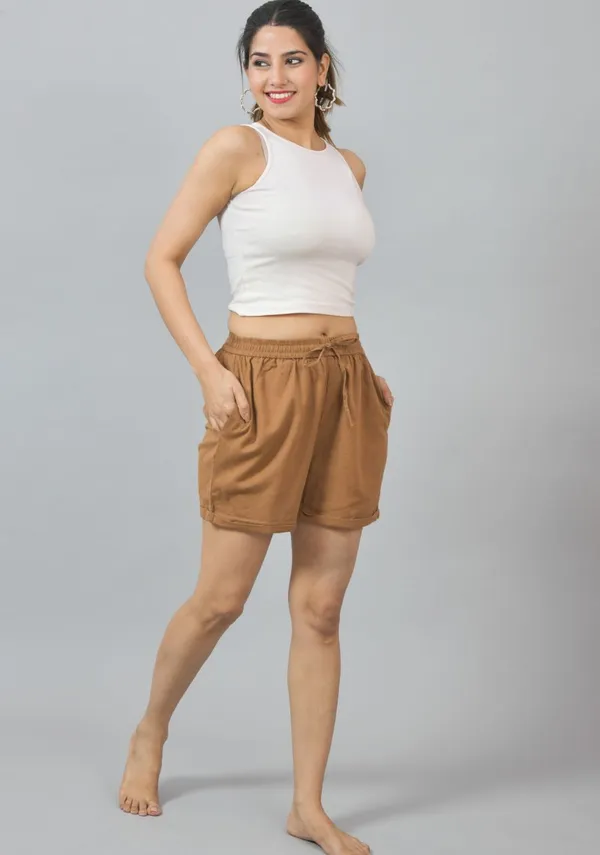 Brown_Solid_Cotton_Solid_Premium_&_Elegant_Shorts_For_Women