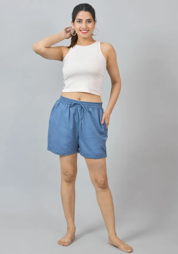 Sky_Blue_Cotton_Solid_Premium_&_Elegant_Shorts_For_Women