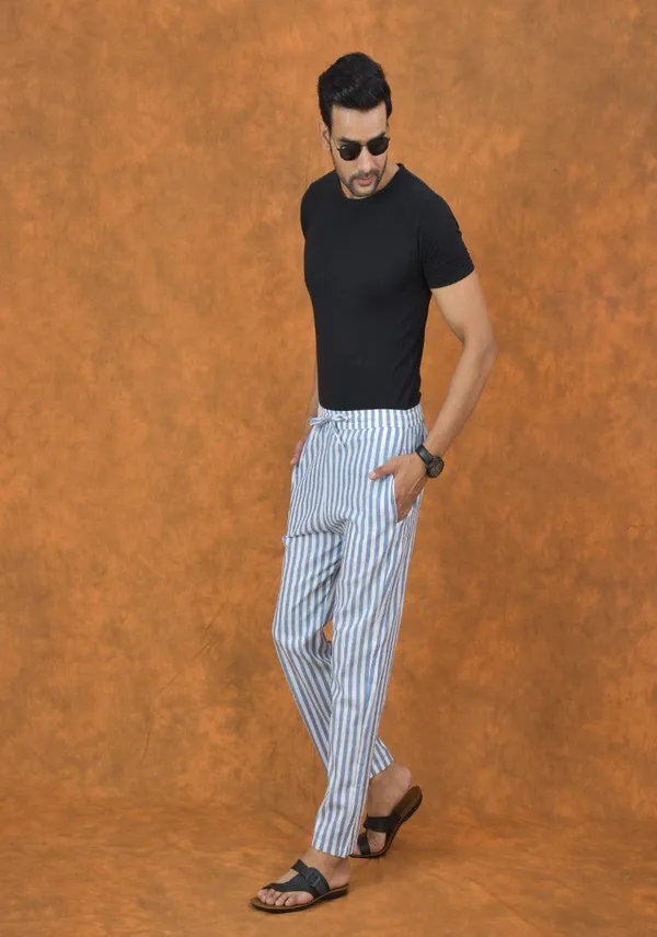 White_&_Blue_Cotton_Stripe_Premium_&_Elegant_Handloom_Pant_For_Men