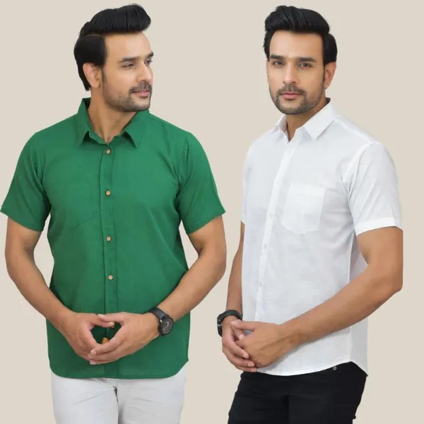 Bottle_Green_&_White_Cotton_Solid_Premium_&_Elegant_Shirt_For_Men_(Pack_Of_2)