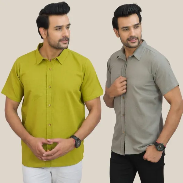 Olive_Green_&_Gray_Cotton_Solid_Premium_&_Elegant_Shirt_For_Men_(Pack_Of_2)