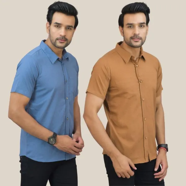 Sky_Blue_&_Brown_Cotton_Solid_Premium_&_Elegant_Shirt_For_Men_(Pack_Of_2)