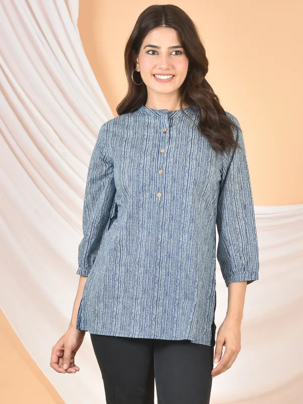 Blue_&_White_Lining_Solid_Regular_Fit_Top_For_Women