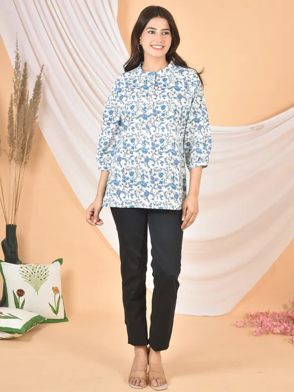 White_&_Sky_Blue_Solid_Regular_Fit_Top_For_Women
