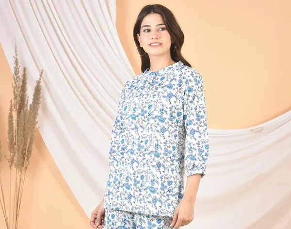 White_&_Sky_Blue_Solid_Regular_Fit_Top_For_Women