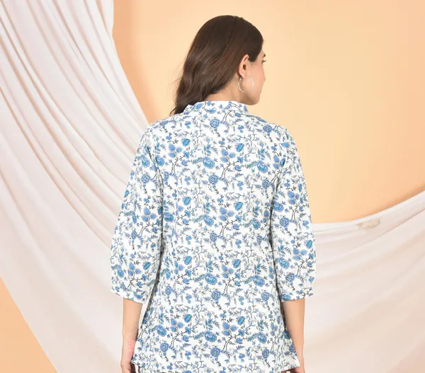 White_&_Sky_Blue_Solid_Regular_Fit_Top_For_Women