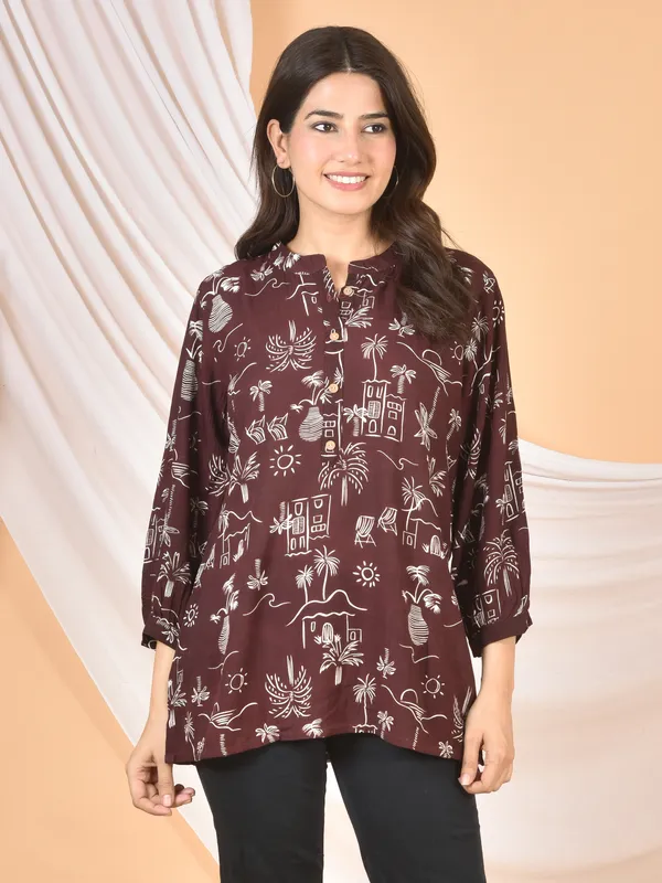 Brown_Printed_Solid_Regular_Fit_Top_For_Women