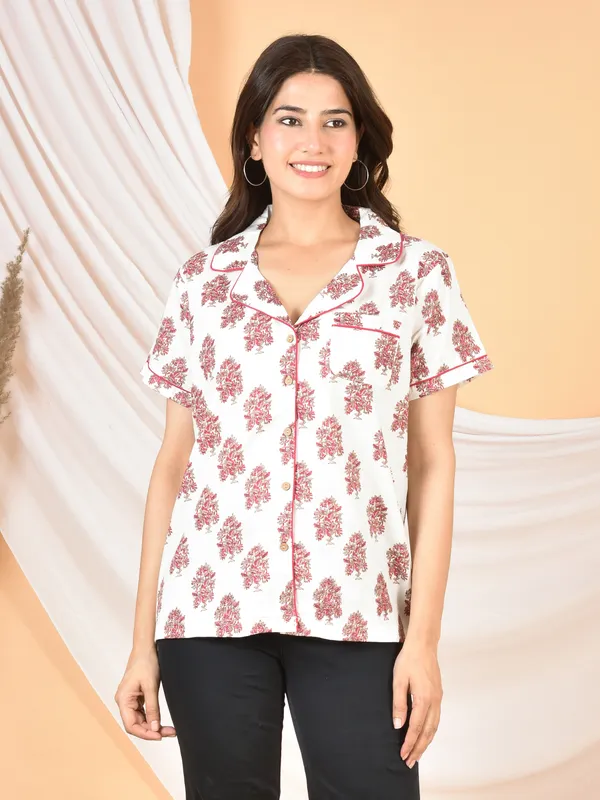 White_&_Pink_Printed_Solid_Regular_Fit_Top_For_Women