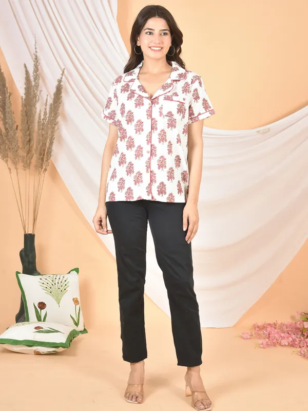 White_&_Pink_Printed_Solid_Regular_Fit_Top_For_Women