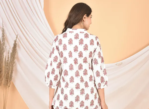 White_&_Pink_Printed_Solid_Regular_Fit_Top_For_Women