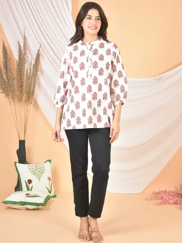 White_&_Pink_Printed_Solid_Regular_Fit_Top_For_Women