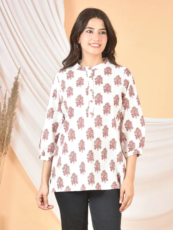 White_&_Pink_Printed_Solid_Regular_Fit_Top_For_Women