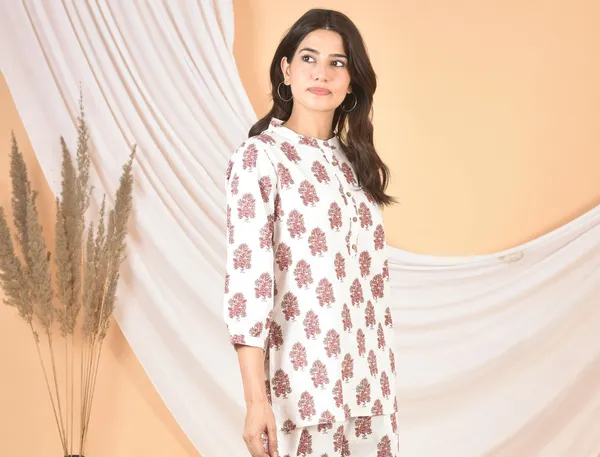White_&_Pink_Printed_Solid_Regular_Fit_Top_For_Women
