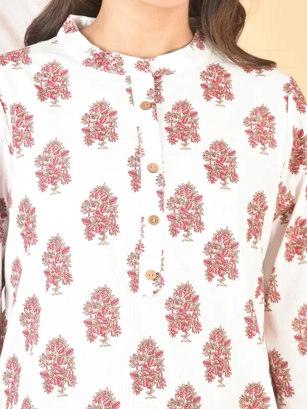 White_&_Pink_Printed_Solid_Regular_Fit_Top_For_Women