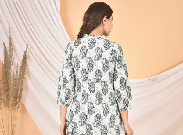 White_&_Grey_Printed_Solid_Regular_Fit_Top_For_Women