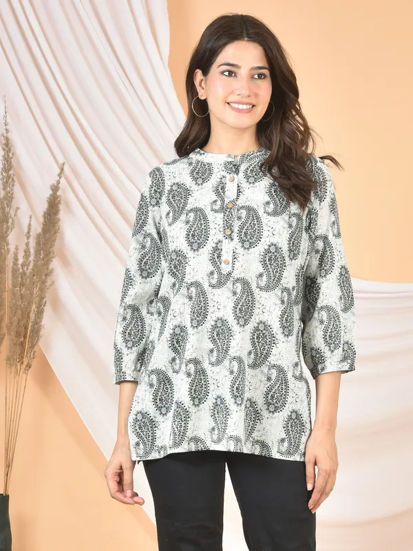 White_&_Grey_Printed_Solid_Regular_Fit_Top_For_Women