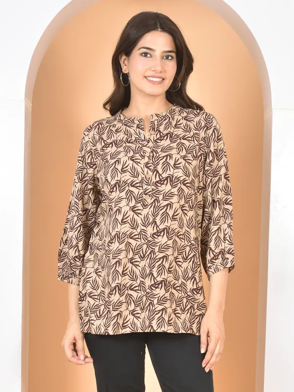 Brown_Printed_Solid_Regular_Fit_Top_For_Women