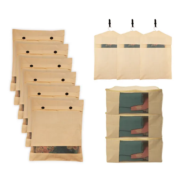 Pack_of_3_Off-white_Cotton_Canvas_Storage_Bags_(17_x_14_x_7_inches)_+_Set_of_6_Cotton_Saree_Covers_With_Button_+_Set_of_3_Hanging_Cotton_Saree_Covers_(28_x_18_Inches)