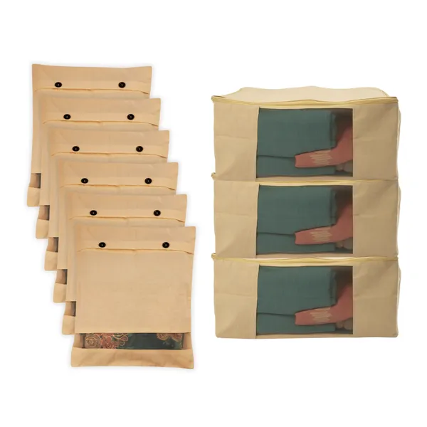 Pack_of_3_Off-white_Cotton_Canvas_Storage_Bags_(17_x_14_x_7_inches)_+_Set_of_6_Cotton_Saree_Covers_With_Button