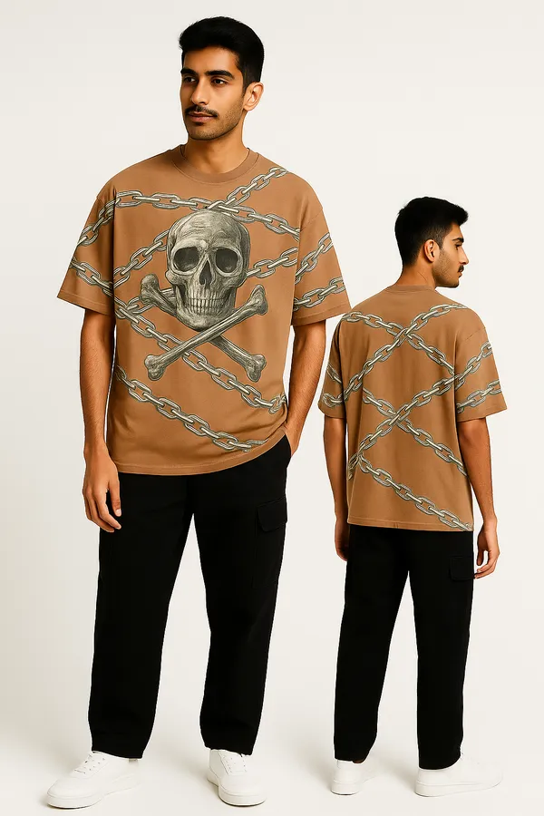 Brown_Chain_Skull_Graphic_Oversized_T-Shirt_For_Men