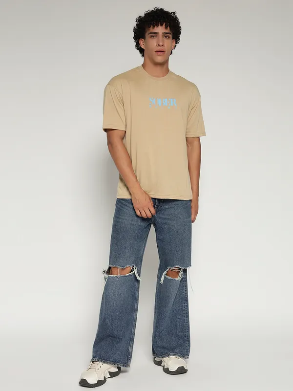 Beige_Cotton_Lycra_Oversized_Fit_T-Shirt_For_Men