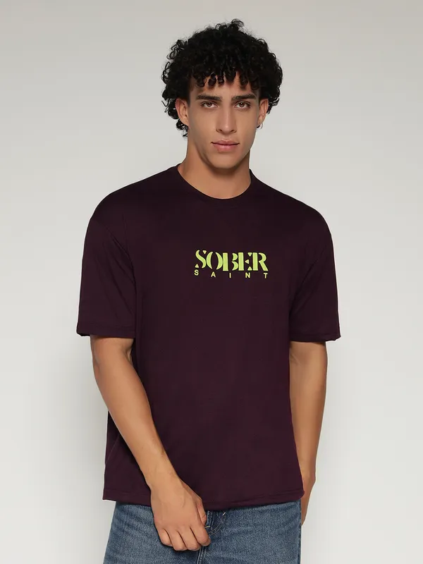 Wine_Cotton_Lycra_Oversized_Fit_T-Shirt_For_Men