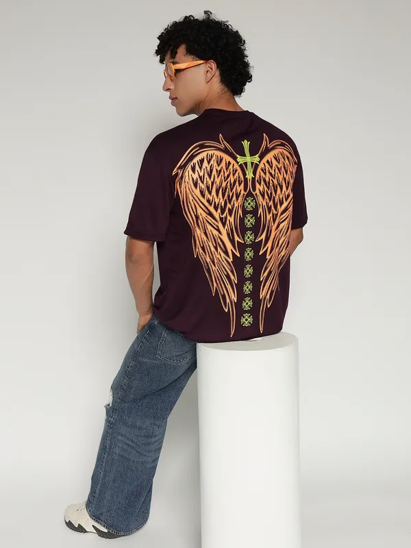 Wine_Cotton_Lycra_Oversized_Fit_T-Shirt_For_Men