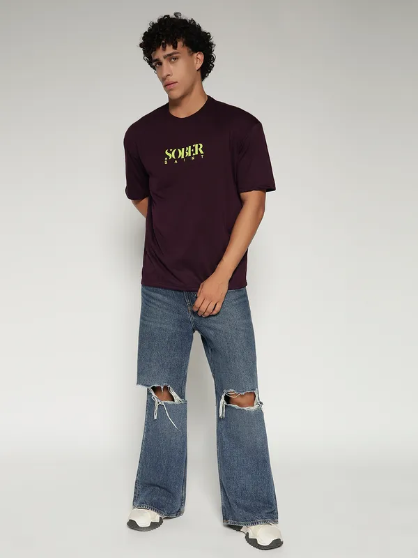 Wine_Cotton_Lycra_Oversized_Fit_T-Shirt_For_Men