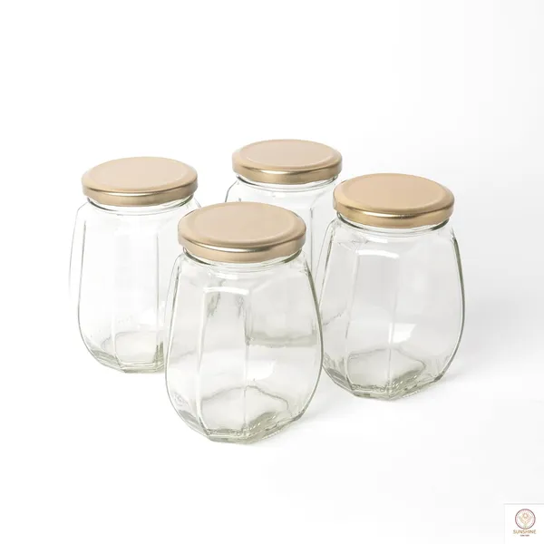 Transparent_Octagonal_Glass_Jar_Container_(375_Ml)_With_Rust_Proof_Air_Tight_Lid,_Suitable_To_Use_In_Home/Office/Kitchen_For_Beverages/Oils/Ghee/Jams/Pickle_(Pack_Of_6)