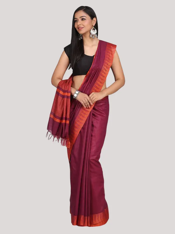Hippie_MagentaOrange_Handloom_Semi_Tussar_Silk_Temple_Border_Bhagalpuri_Saree