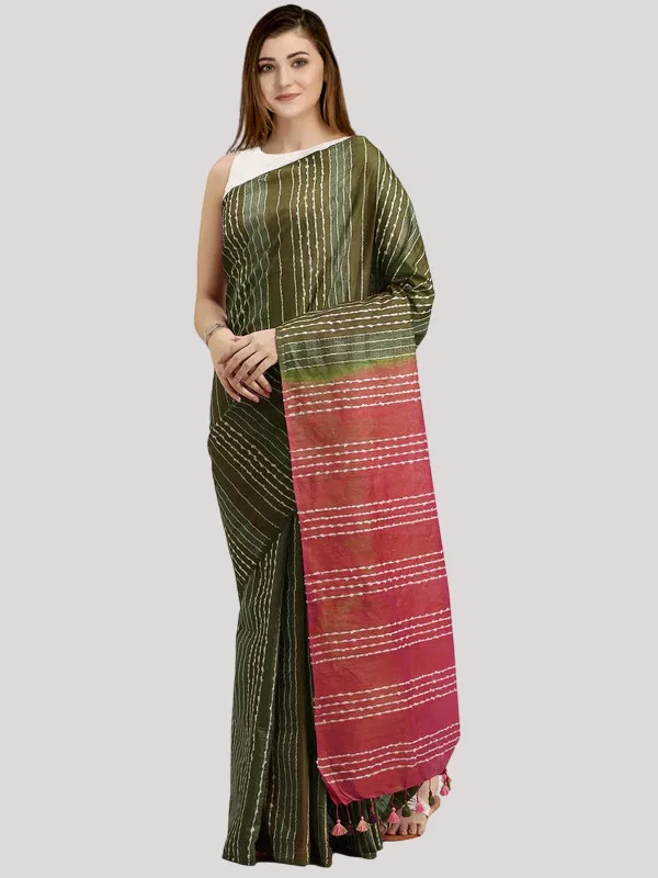 Olive_Green_&_Coral_Red_Kota_SIlk_Bhagalpuri_Handloom_Striped_Two_Dye_Saree