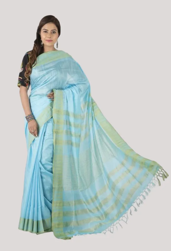 Glacier_Cyan_Handloom_Semi_Tussar_Silk_Temple_Border_Bhagalpuri_Saree