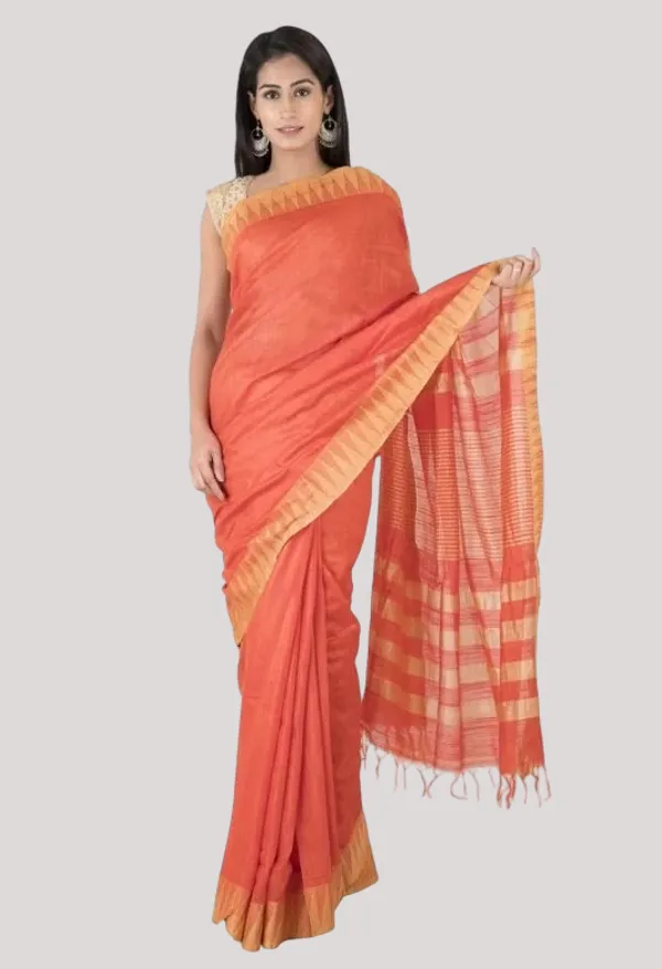 Chromai_Orange_Handloom_Semi_Tussar_Silk_Temple_Border_Bhagalpuri_Saree