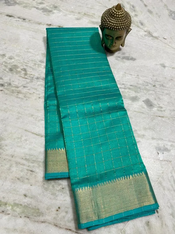 Authentic_Cotton_Silk_Handloom_Bhgalpuri_Check_Saree_with_Gold_Zari_Border_for_Women_(_SB-100146_Aquamarine_Turquoise)