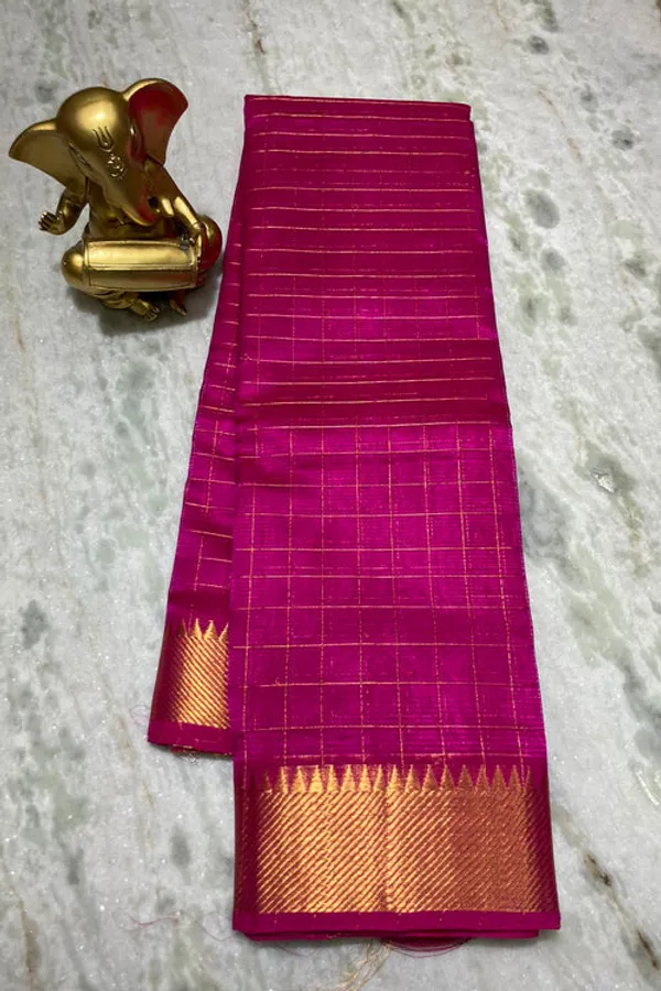 Authentic_Cotton_Silk_Handloom_Bhgalpuri_Check_Saree_with_Gold_Zari_Border_for_Women_(_SB-100152_Deep_Pink)