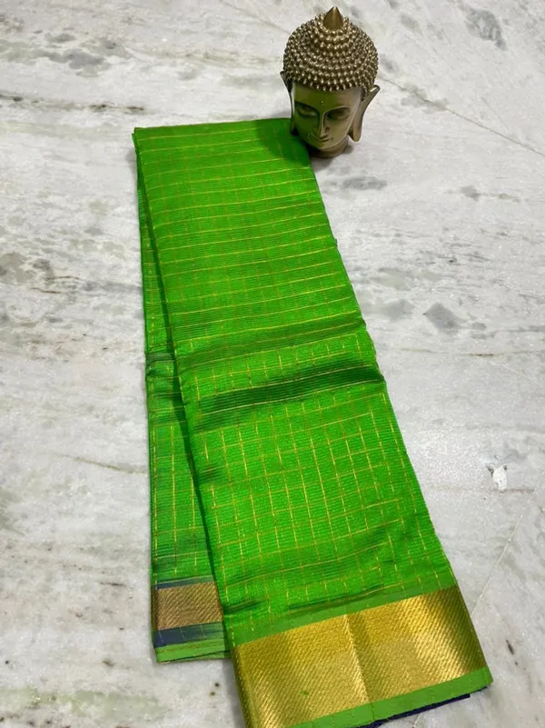 Authentic_Cotton_Silk_Handloom_Bhgalpuri_Check_Saree_with_Gold_Zari_Border_for_Women_(_SB-100156_Lawn_Green)