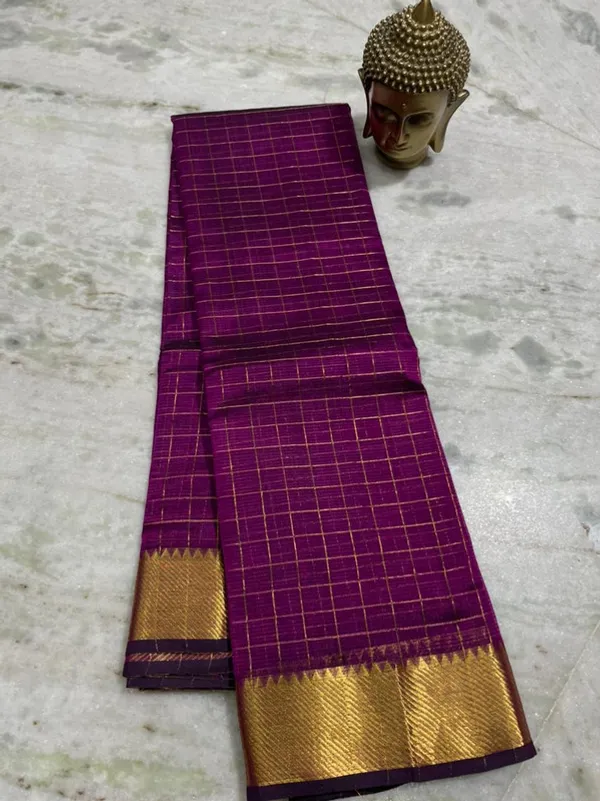 Authentic_Cotton_Silk_Handloom_Bhgalpuri_Check_Saree_with_Gold_Zari_Border_for_Women_(_SB-100161_Tyrian_Purple)