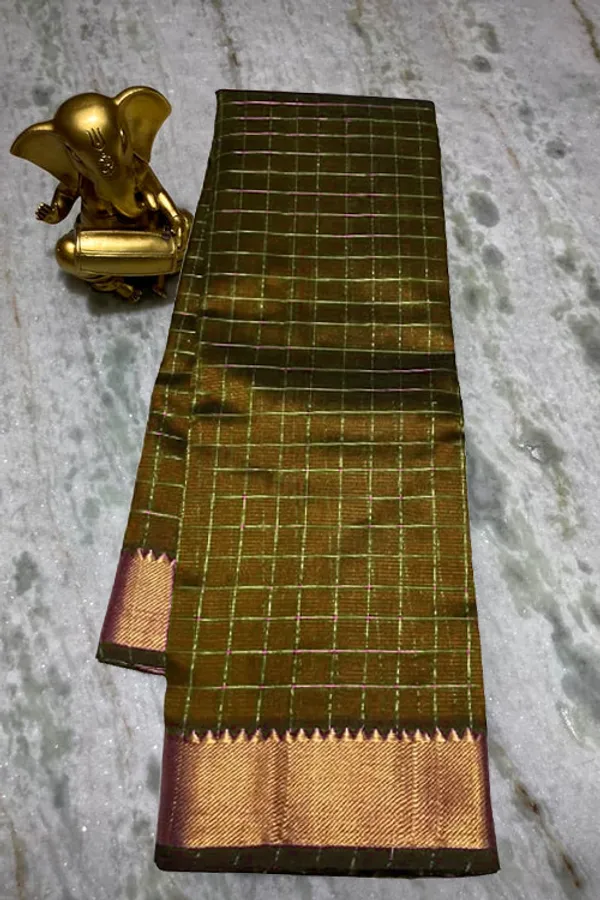 Authentic_Cotton_Silk_Handloom_Bhgalpuri_Check_Saree_with_Gold_Zari_Border_for_Women_(_SB-100166_Olive_Green)