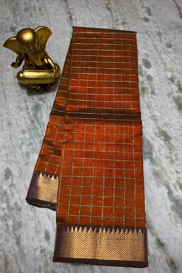 Authentic_Cotton_Silk_Handloom_Bhgalpuri_Check_Saree_with_Gold_Zari_Border_for_Women_(_SB-100169_Mahogany_Orange)