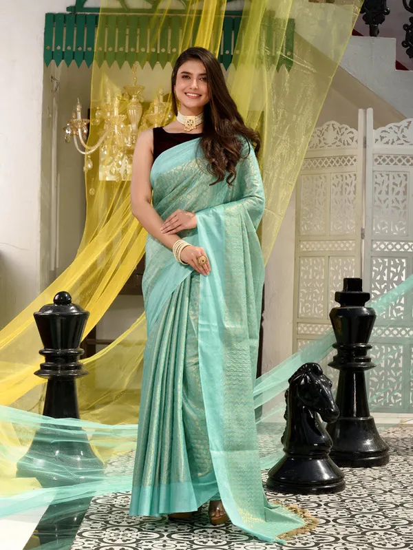 Authentic_Aquamarine_Turquoise_Handloom_Linen_Tissue_Silk_Designer_Weaving_Motif_Saree