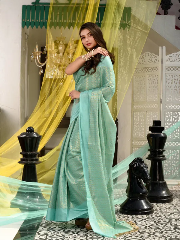Authentic_Aquamarine_Turquoise_Handloom_Linen_Tissue_Silk_Designer_Weaving_Motif_Saree