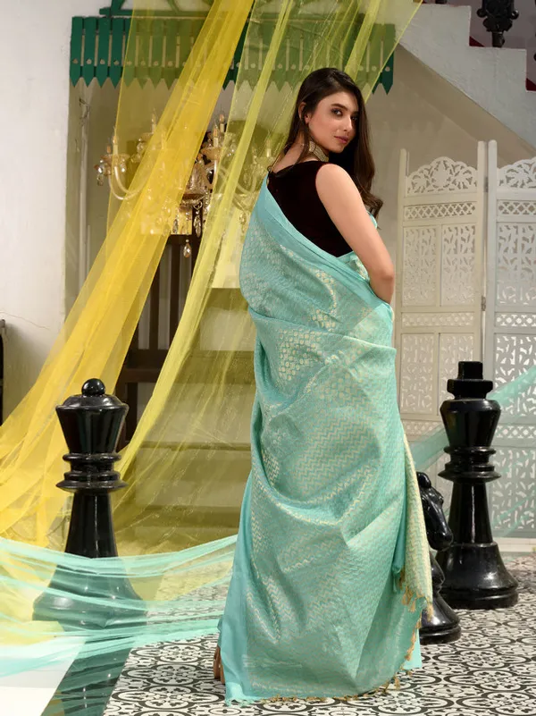 Authentic_Aquamarine_Turquoise_Handloom_Linen_Tissue_Silk_Designer_Weaving_Motif_Saree