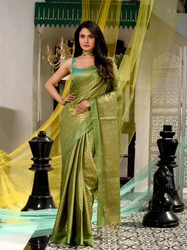 Authentic_Avocado_Green_Women's_Linen_Tissue_Silk_Bhagalpuri_Designer_Handloom_Weaving_Saree