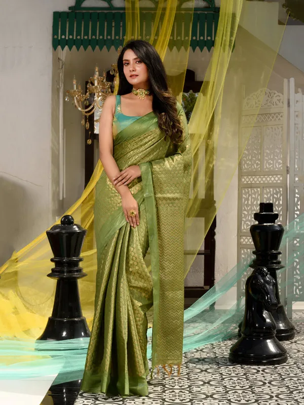 Authentic_Avocado_Green_Women's_Linen_Tissue_Silk_Bhagalpuri_Designer_Handloom_Weaving_Saree