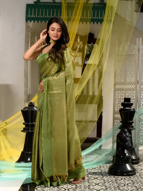 Authentic_Avocado_Green_Women's_Linen_Tissue_Silk_Bhagalpuri_Designer_Handloom_Weaving_Saree