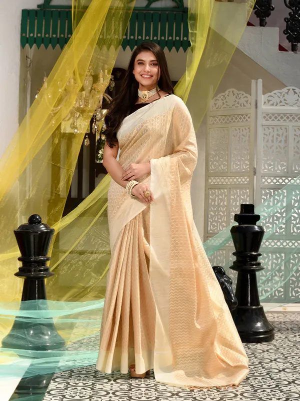 Authentic_Ecru_Beige_Linen_Tissue_Silk_Geometric_Pattern_Designer_Saree
