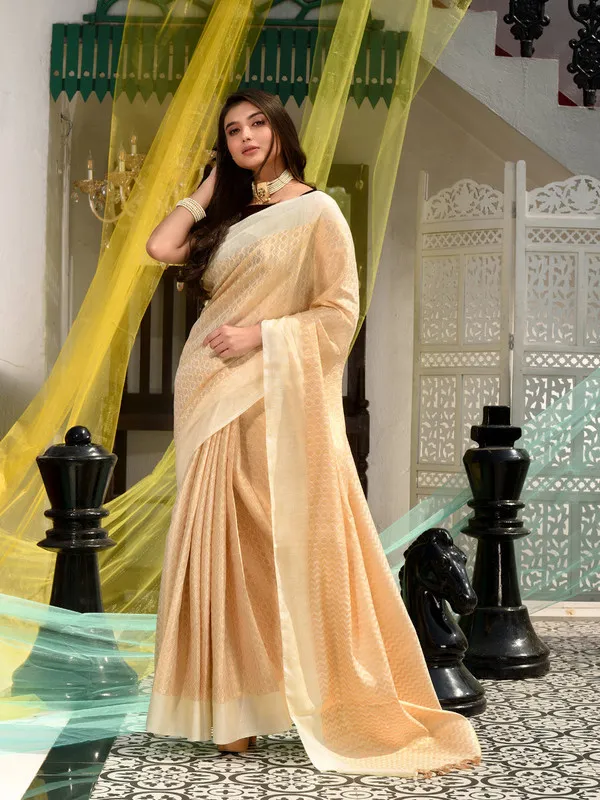 Authentic_Ecru_Beige_Linen_Tissue_Silk_Geometric_Pattern_Designer_Saree