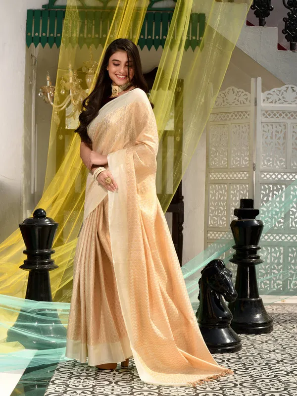 Authentic_Ecru_Beige_Linen_Tissue_Silk_Geometric_Pattern_Designer_Saree