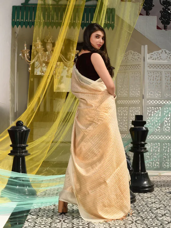 Authentic_Ecru_Beige_Linen_Tissue_Silk_Geometric_Pattern_Designer_Saree