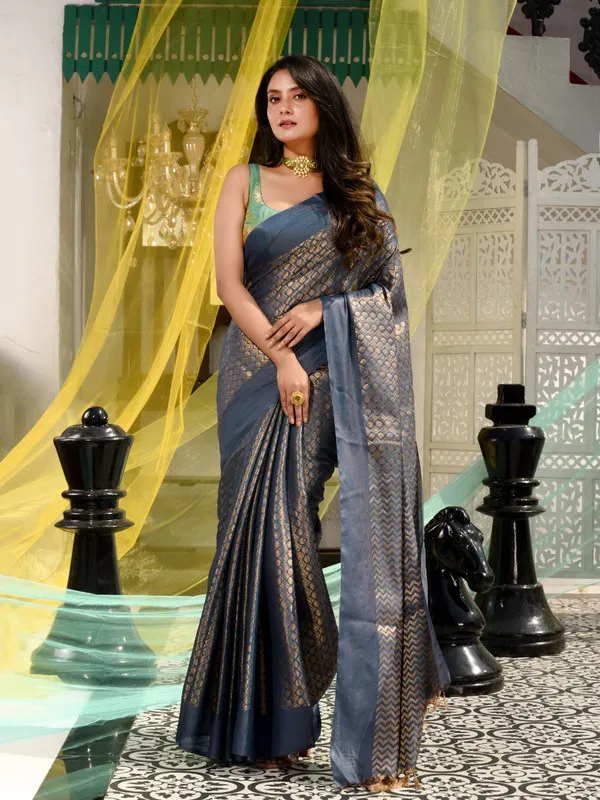 Authentic_Gunmetal_Grey_Linen_Tissue_Silk_Handloom_Bhagalpuri_Weaving_Motif_Designer_Saree